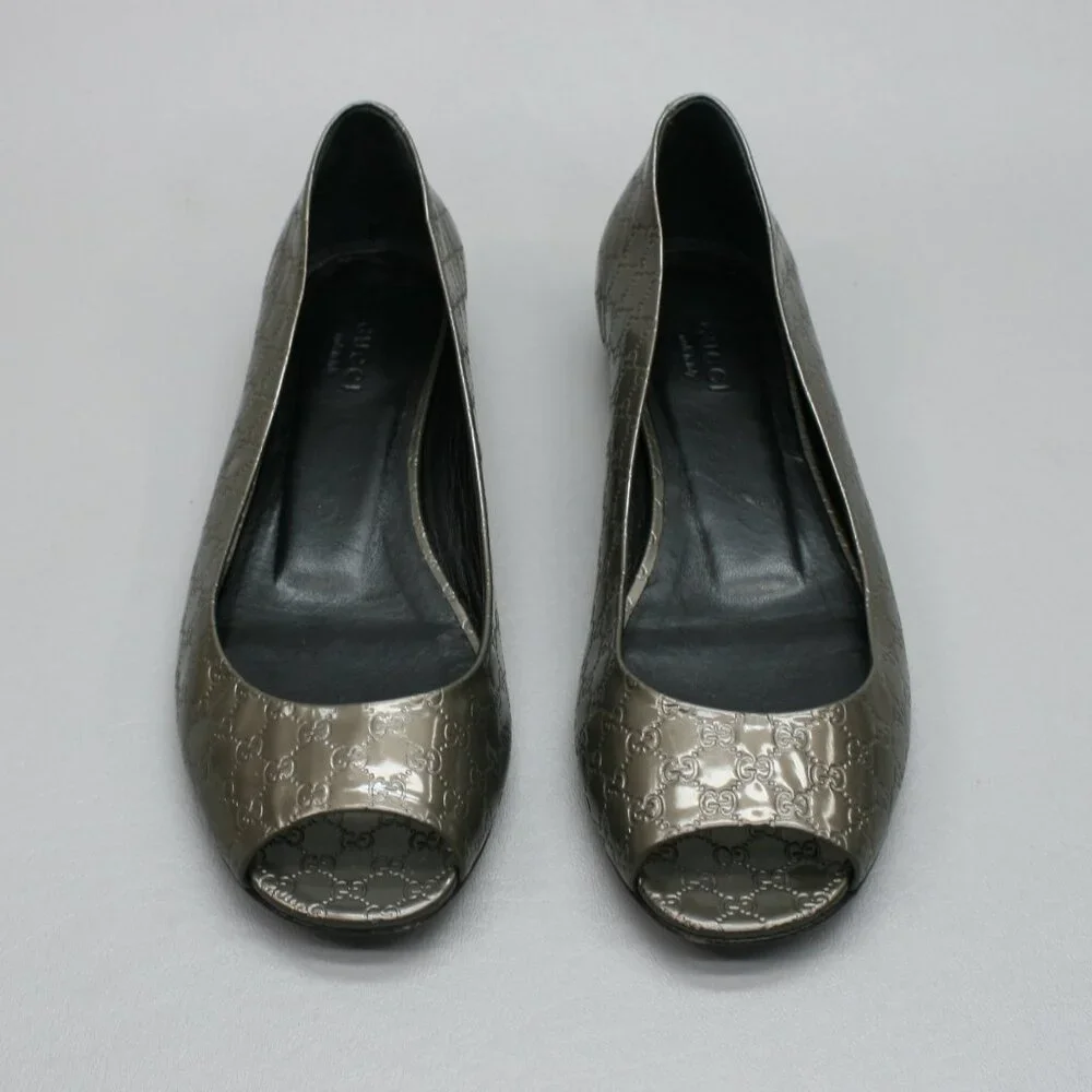 Gucci 37.5 Ladies 7.5 Microguccissima Metal Bronze/Gray GG Flats Peep-toe Shoes - Picture 5 of 12